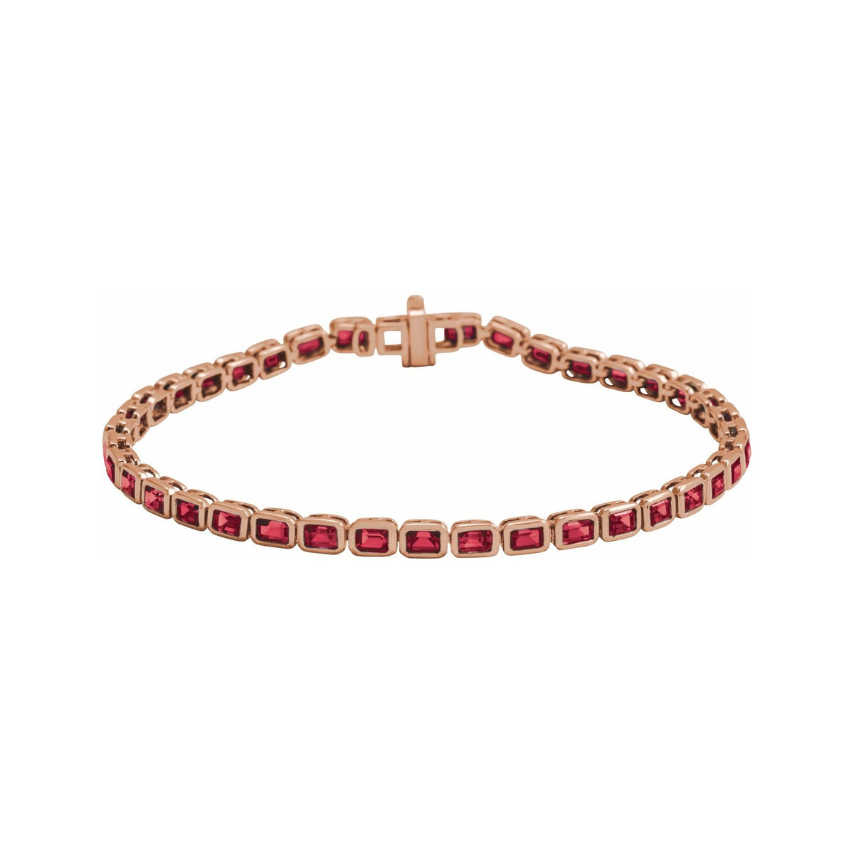 Sapphire Row Lab-Grown Gemstone Emerald-Cut Bezel Tennis Bracelet - Ruby, 14K Rose Gold