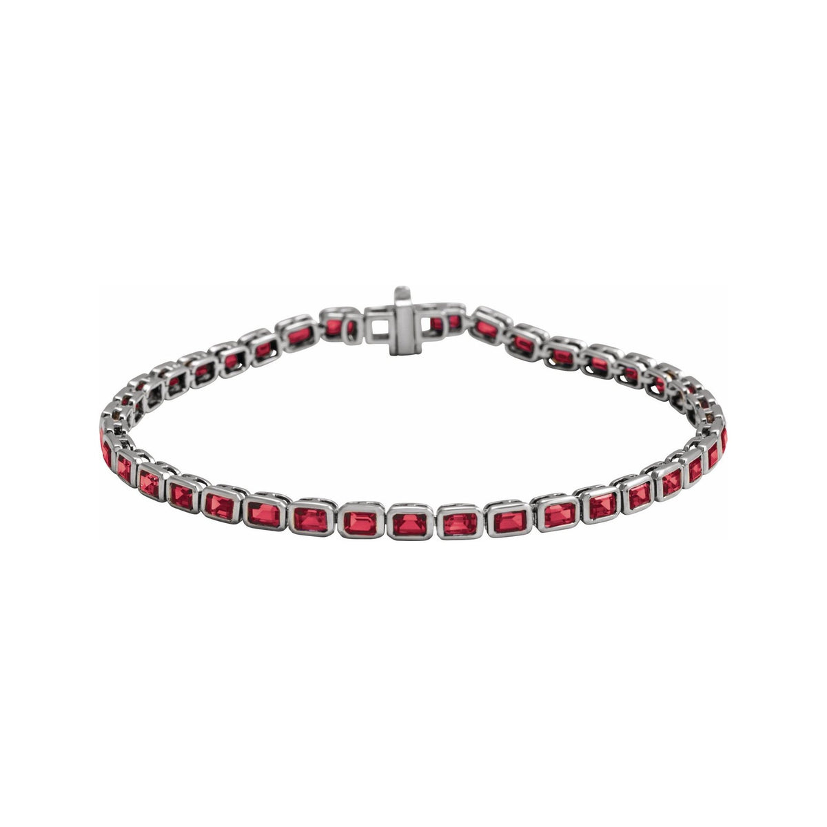 Sapphire Row Lab-Grown Gemstone Emerald-Cut Bezel Tennis Bracelet - Ruby, 14K White Gold