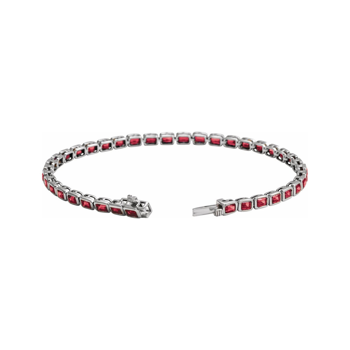 Sapphire Row Lab-Grown Gemstone Emerald-Cut Bezel Tennis Bracelet - Ruby, 14K White Gold (view 2)