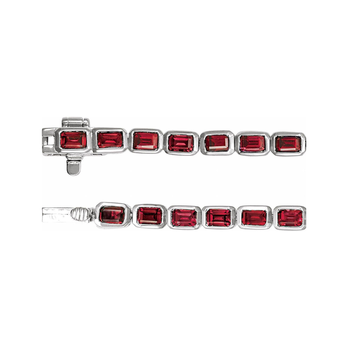 Sapphire Row Lab-Grown Gemstone Emerald-Cut Bezel Tennis Bracelet - Ruby, 14K White Gold (view 3)
