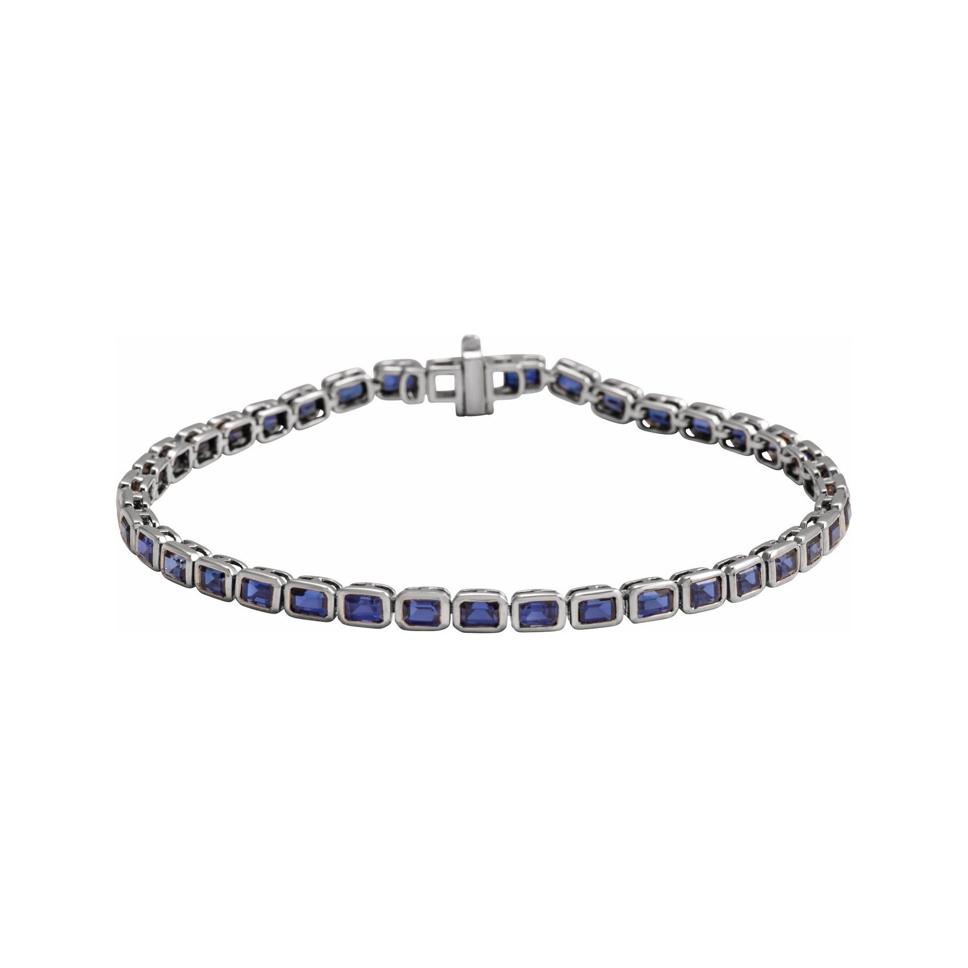 Sapphire Row Lab-Grown Gemstone Emerald-Cut Bezel Tennis Bracelet - Blue Sapphire, 14K White Gold