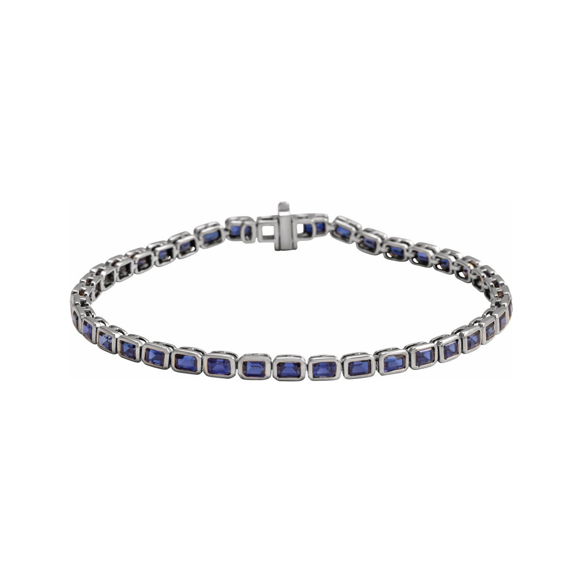 Sapphire Row Lab-Grown Gemstone Emerald-Cut Bezel Tennis Bracelet - Blue Sapphire, 14K White Gold