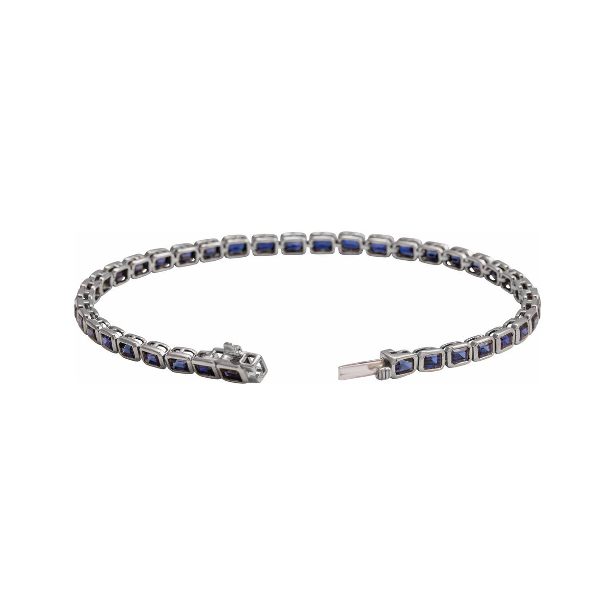 Sapphire Row Lab-Grown Gemstone Emerald-Cut Bezel Tennis Bracelet - Blue Sapphire, 14K White Gold (view 2)