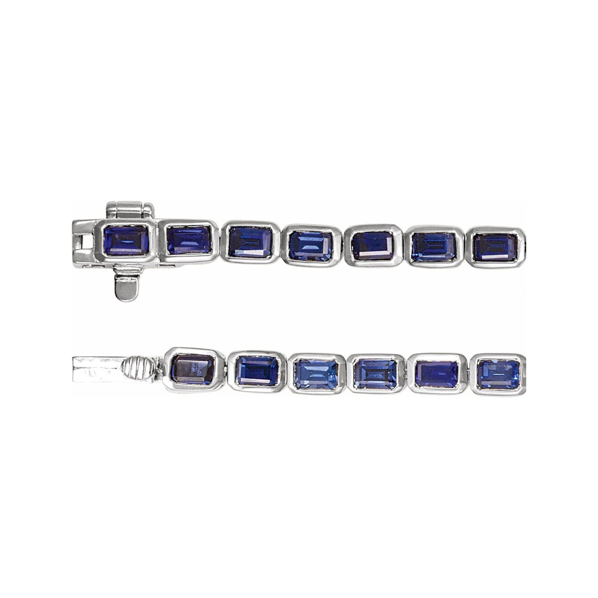 Sapphire Row Lab-Grown Gemstone Emerald-Cut Bezel Tennis Bracelet - Blue Sapphire, 14K White Gold (view 3)