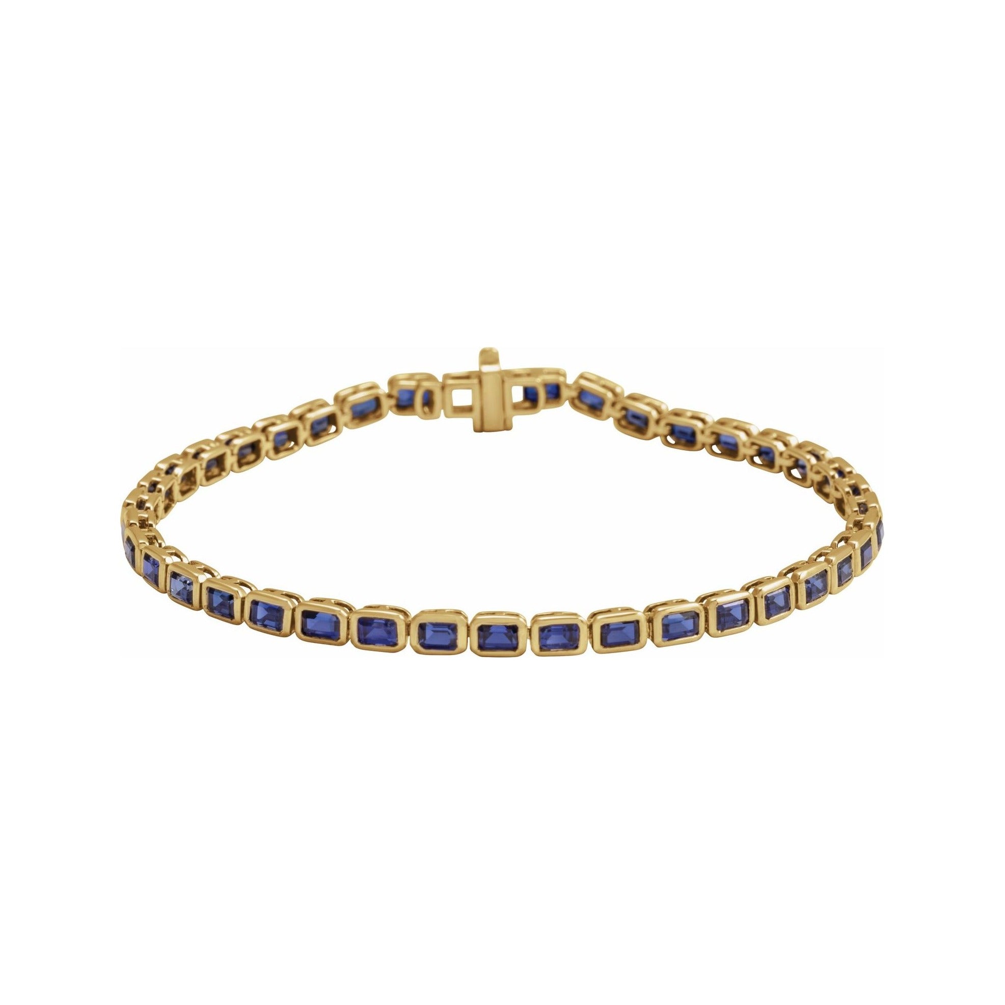Sapphire Row Lab-Grown Gemstone Emerald-Cut Bezel Tennis Bracelet - Blue Sapphire, 14K Yellow Gold