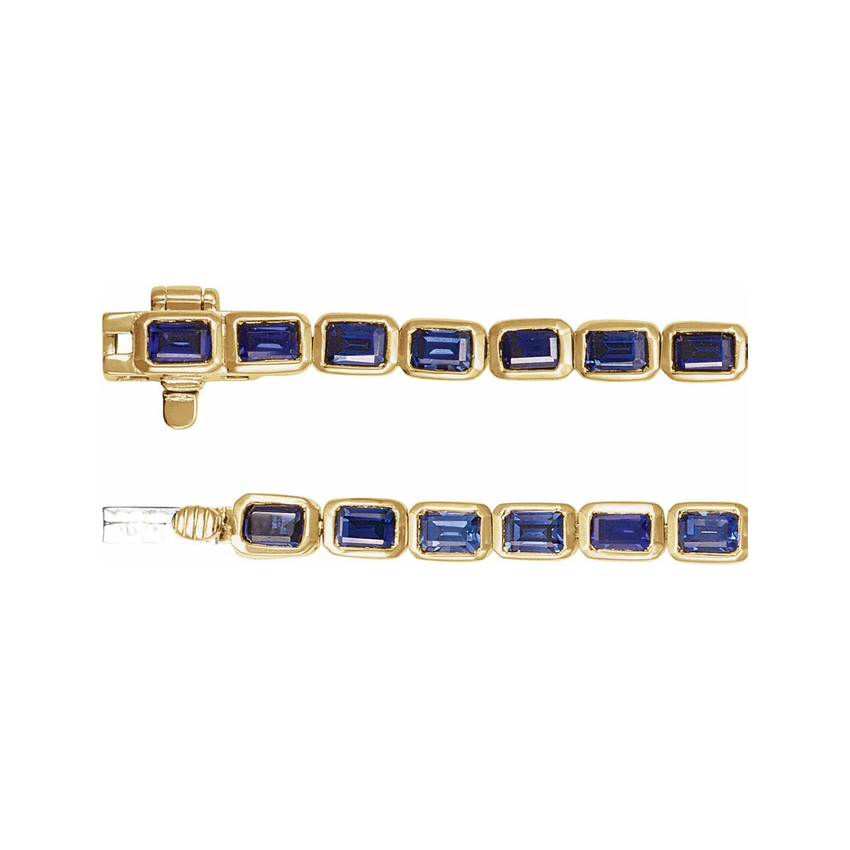 Sapphire Row Lab-Grown Gemstone Emerald-Cut Bezel Tennis Bracelet - Blue Sapphire, 14K Yellow Gold (view 3)