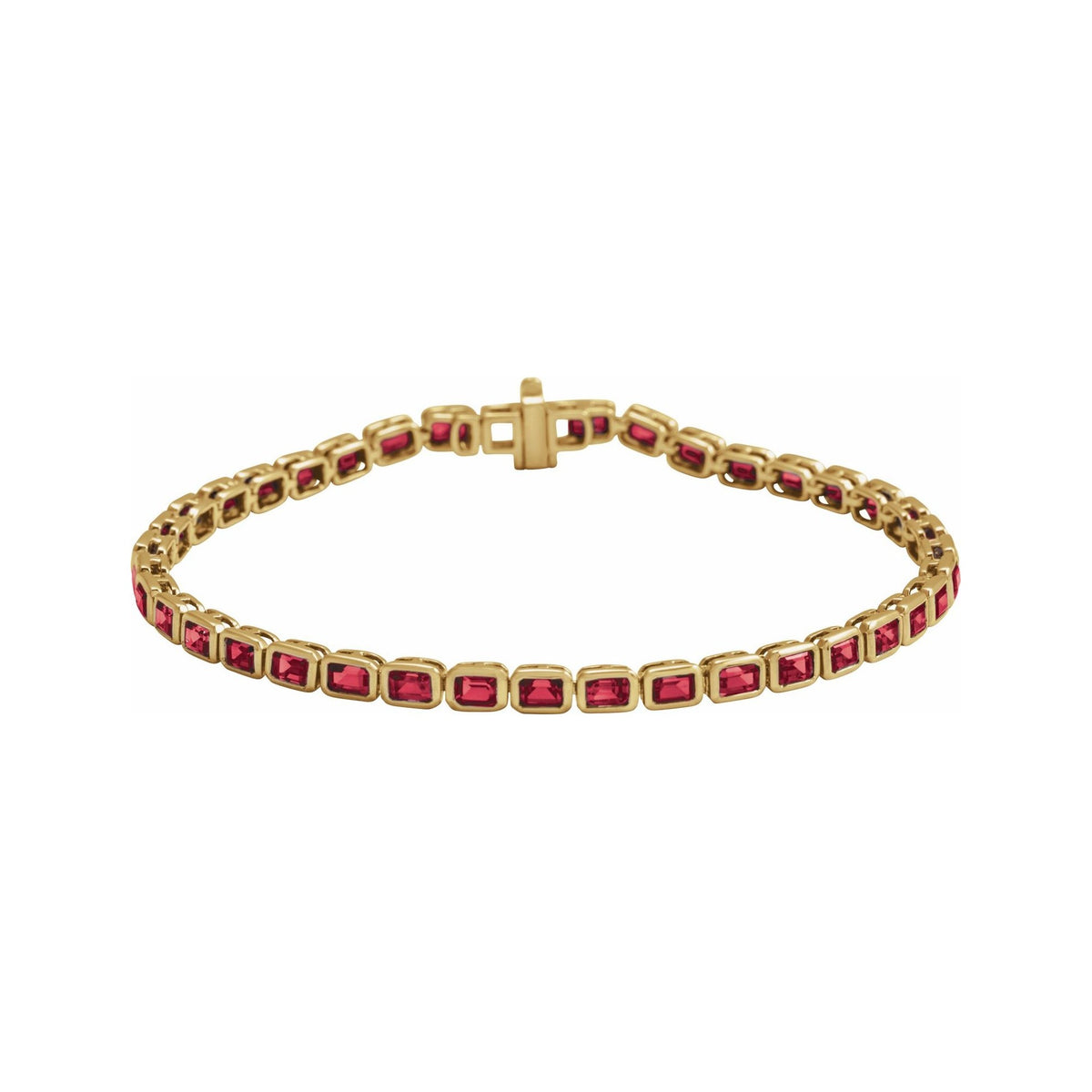 Sapphire Row Lab-Grown Gemstone Emerald-Cut Bezel Tennis Bracelet - Ruby, 14K Yellow Gold