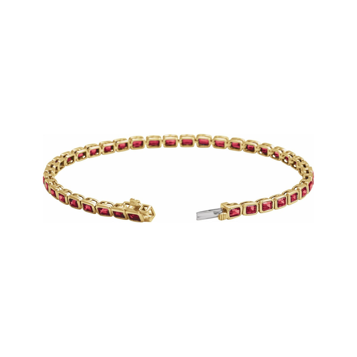 Sapphire Row Lab-Grown Gemstone Emerald-Cut Bezel Tennis Bracelet - Ruby, 14K Yellow Gold (view 2)