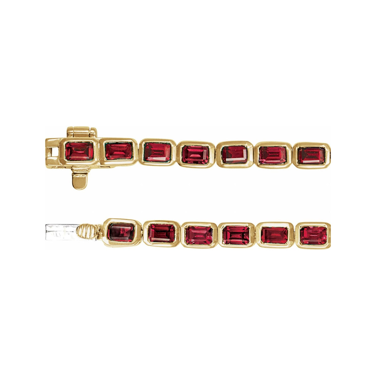 Sapphire Row Lab-Grown Gemstone Emerald-Cut Bezel Tennis Bracelet - Ruby, 14K Yellow Gold (view 3)