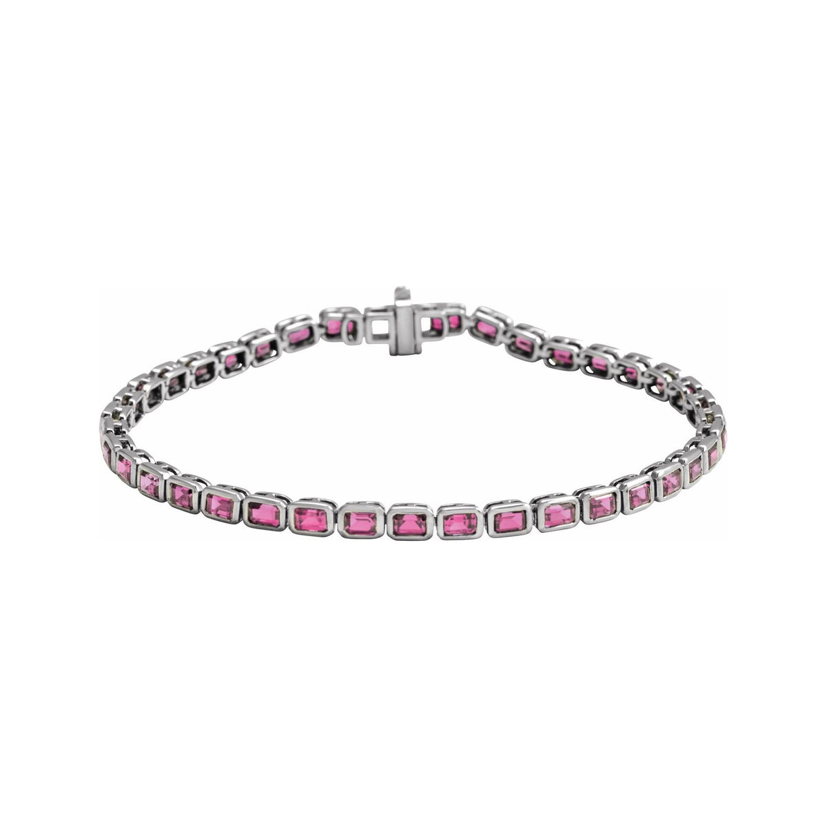 Sapphire Row Natural Gemstone Emerald-Cut Bezel Tennis Bracelet - Pink Tourmaline, 14K White Gold