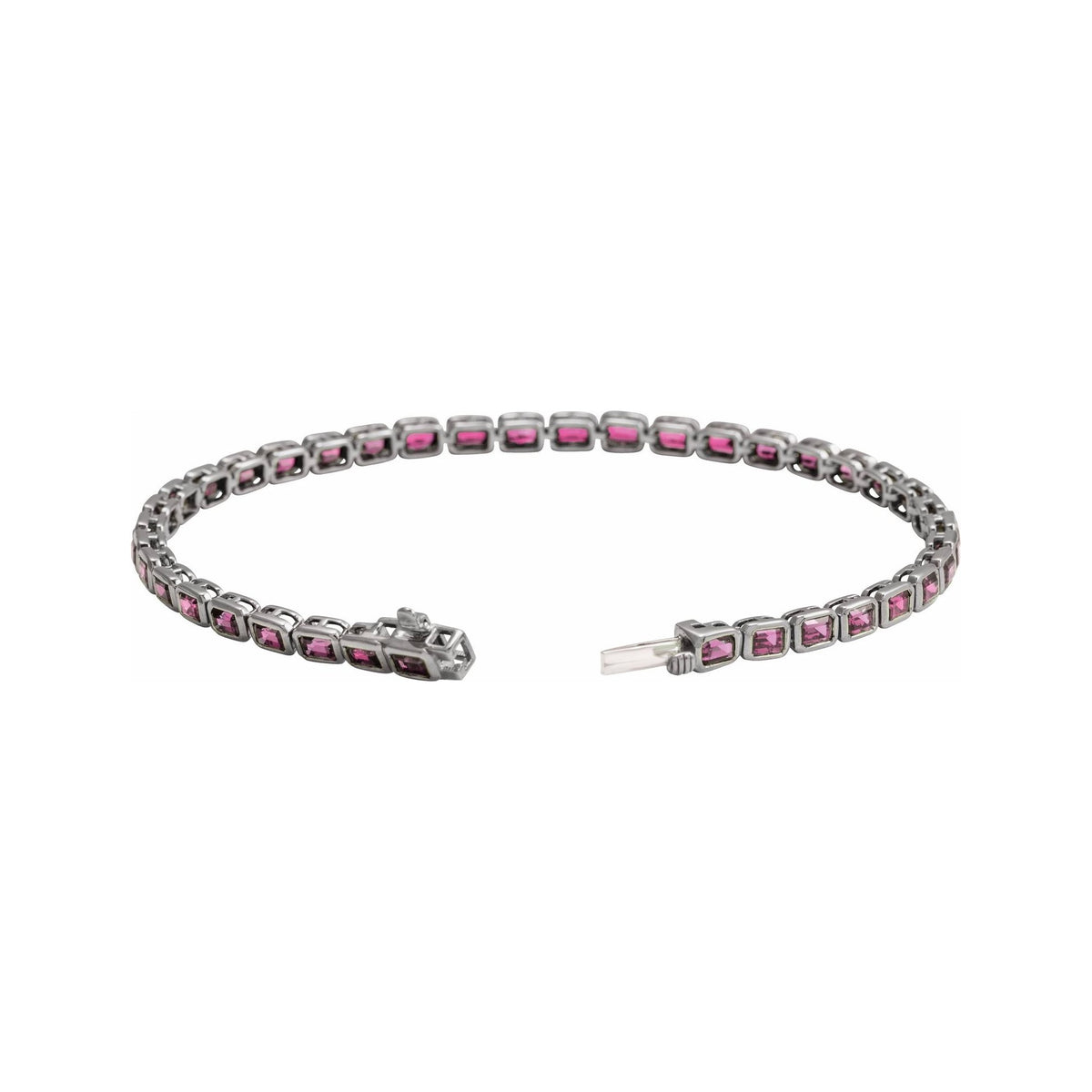 Sapphire Row Natural Gemstone Emerald-Cut Bezel Tennis Bracelet - Pink Tourmaline, 14K White Gold (view 2)
