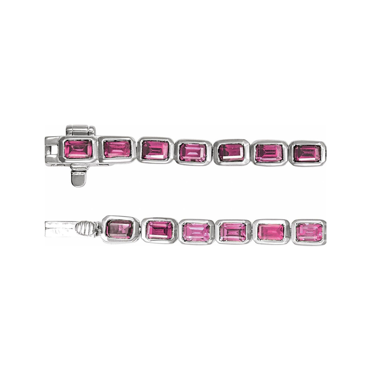 Sapphire Row Natural Gemstone Emerald-Cut Bezel Tennis Bracelet - Pink Tourmaline, 14K White Gold (view 3)