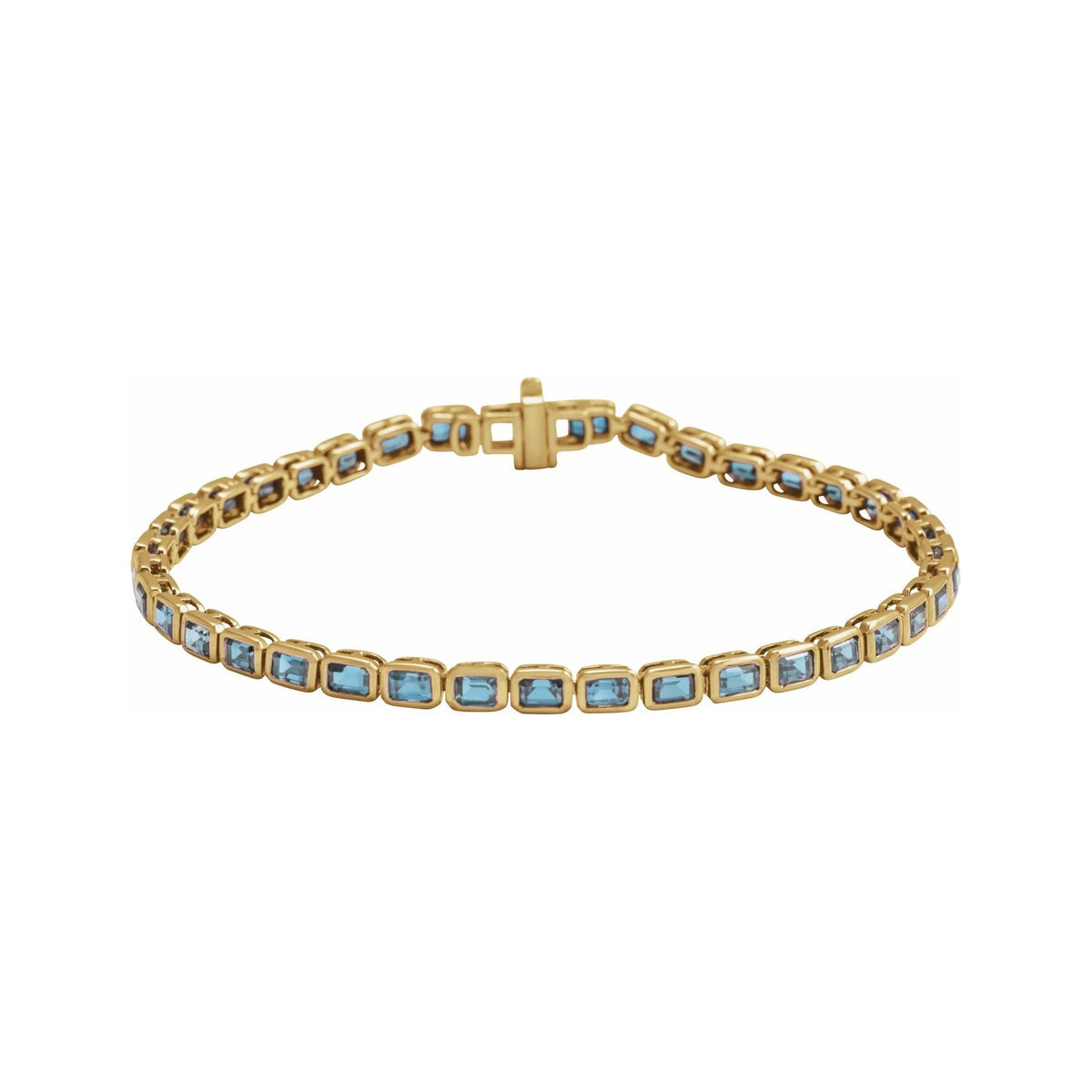 Sapphire Row Natural Gemstone Emerald-Cut Bezel Tennis Bracelet - Sky Blue Topaz, 14K Yellow Gold