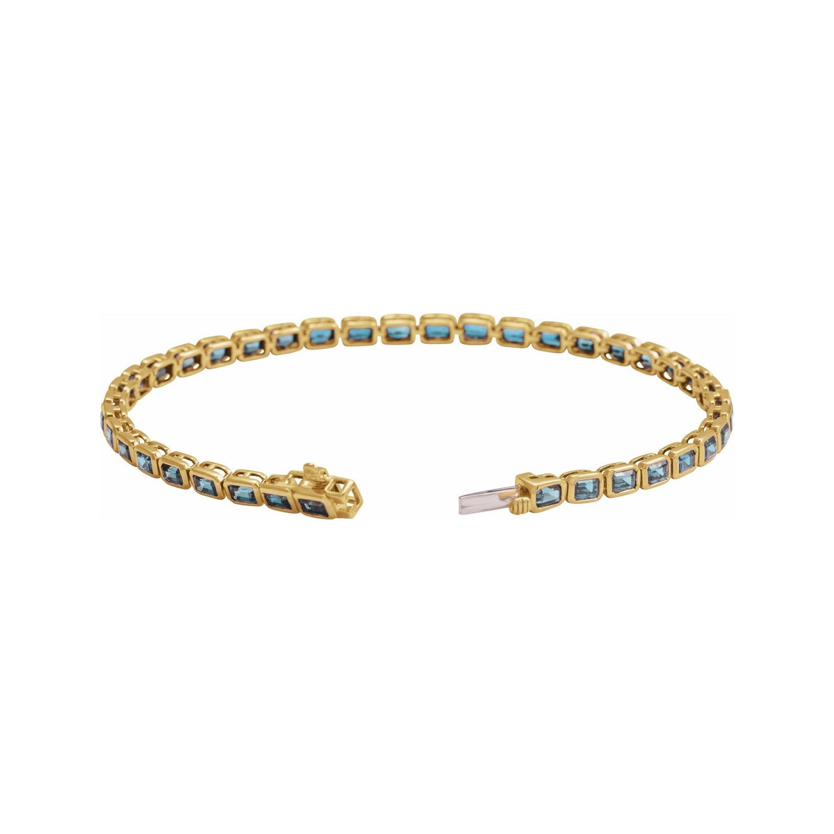 Sapphire Row Natural Gemstone Emerald-Cut Bezel Tennis Bracelet - Sky Blue Topaz, 14K Yellow Gold (view 2)