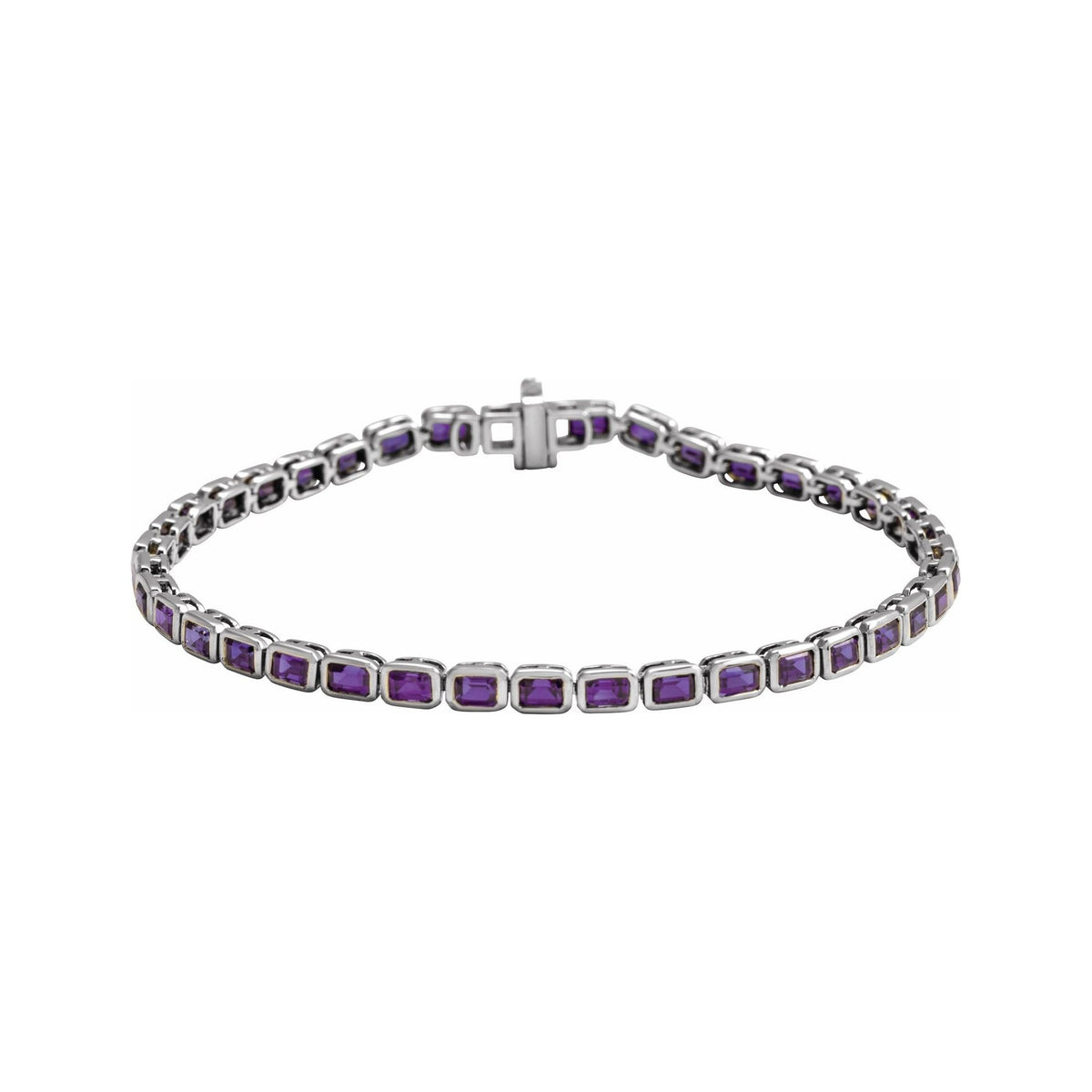Sapphire Row Natural Gemstone Emerald-Cut Bezel Tennis Bracelet - Amethyst, 14K White Gold