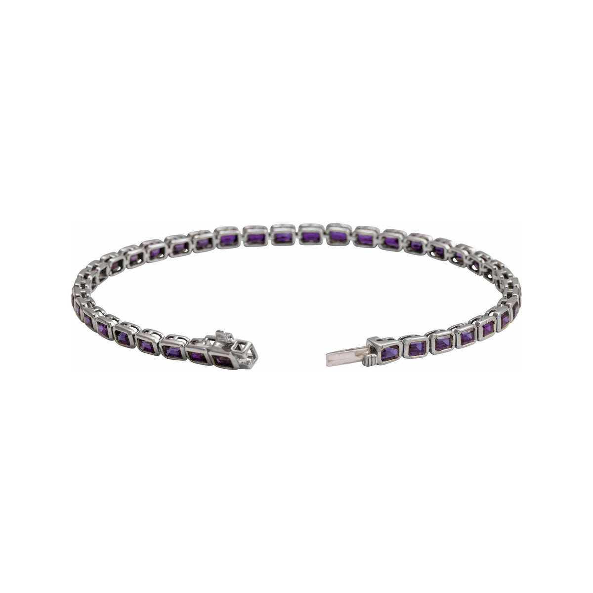 Sapphire Row Natural Gemstone Emerald-Cut Bezel Tennis Bracelet - Amethyst, 14K White Gold (view 2)