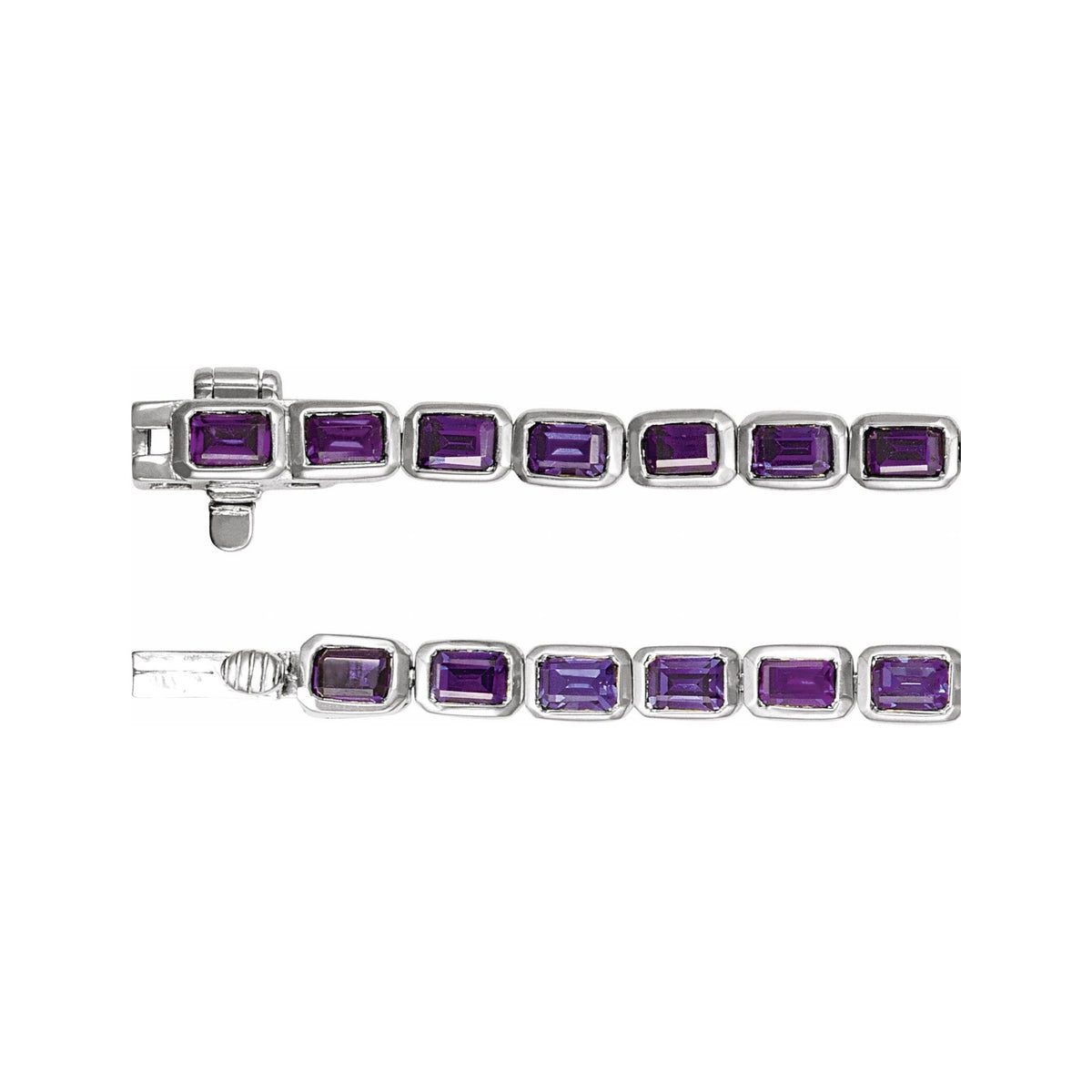 Sapphire Row Natural Gemstone Emerald-Cut Bezel Tennis Bracelet - Amethyst, 14K White Gold (view 3)