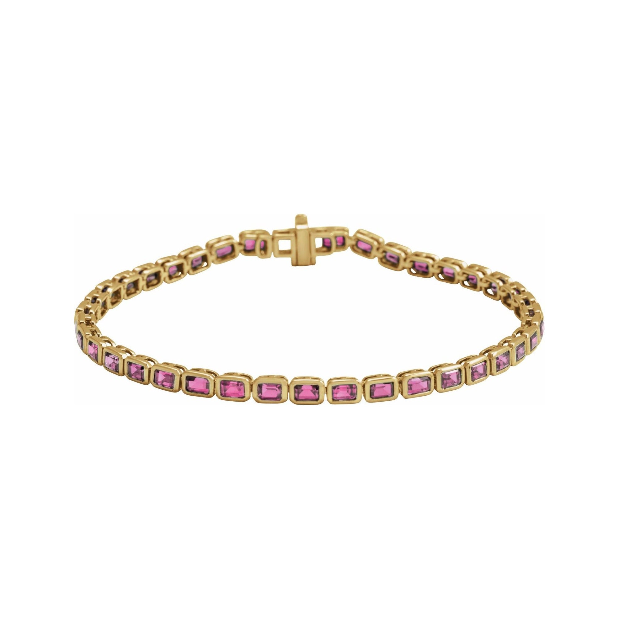 Sapphire Row Natural Gemstone Emerald-Cut Bezel Tennis Bracelet - Pink Tourmaline, 14K Yellow Gold