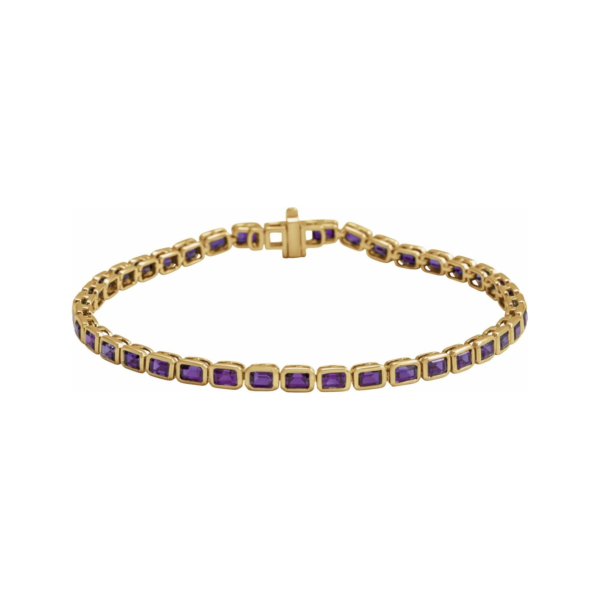Sapphire Row Natural Gemstone Emerald-Cut Bezel Tennis Bracelet - Amethyst, 14K Yellow Gold