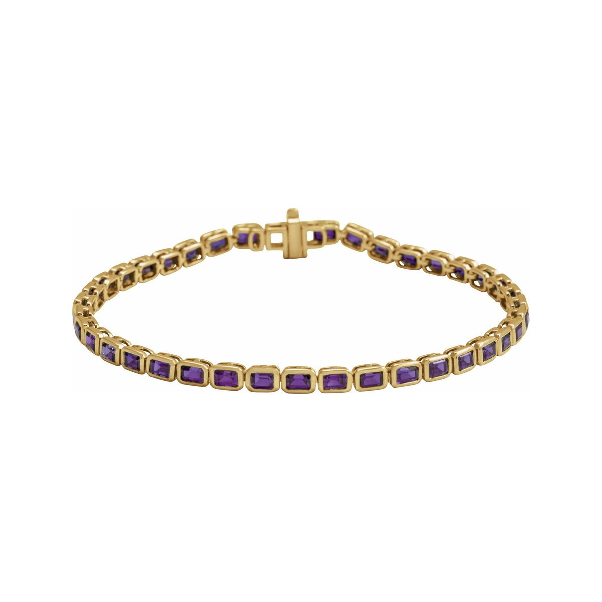 Sapphire Row Natural Gemstone Emerald-Cut Bezel Tennis Bracelet - Amethyst, 14K Yellow Gold