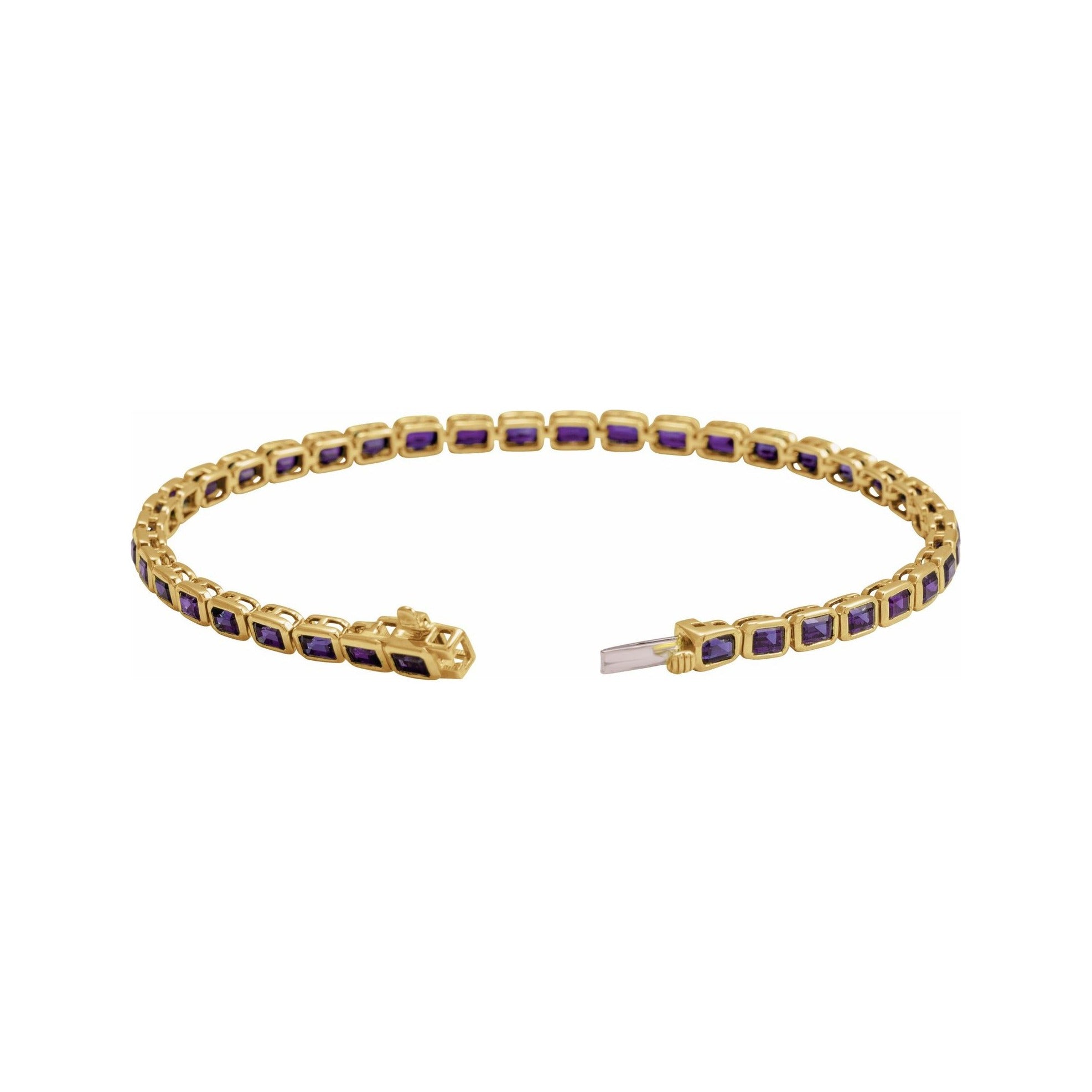 Sapphire Row Natural Gemstone Emerald-Cut Bezel Tennis Bracelet - Amethyst, 14K Yellow Gold (view 2)
