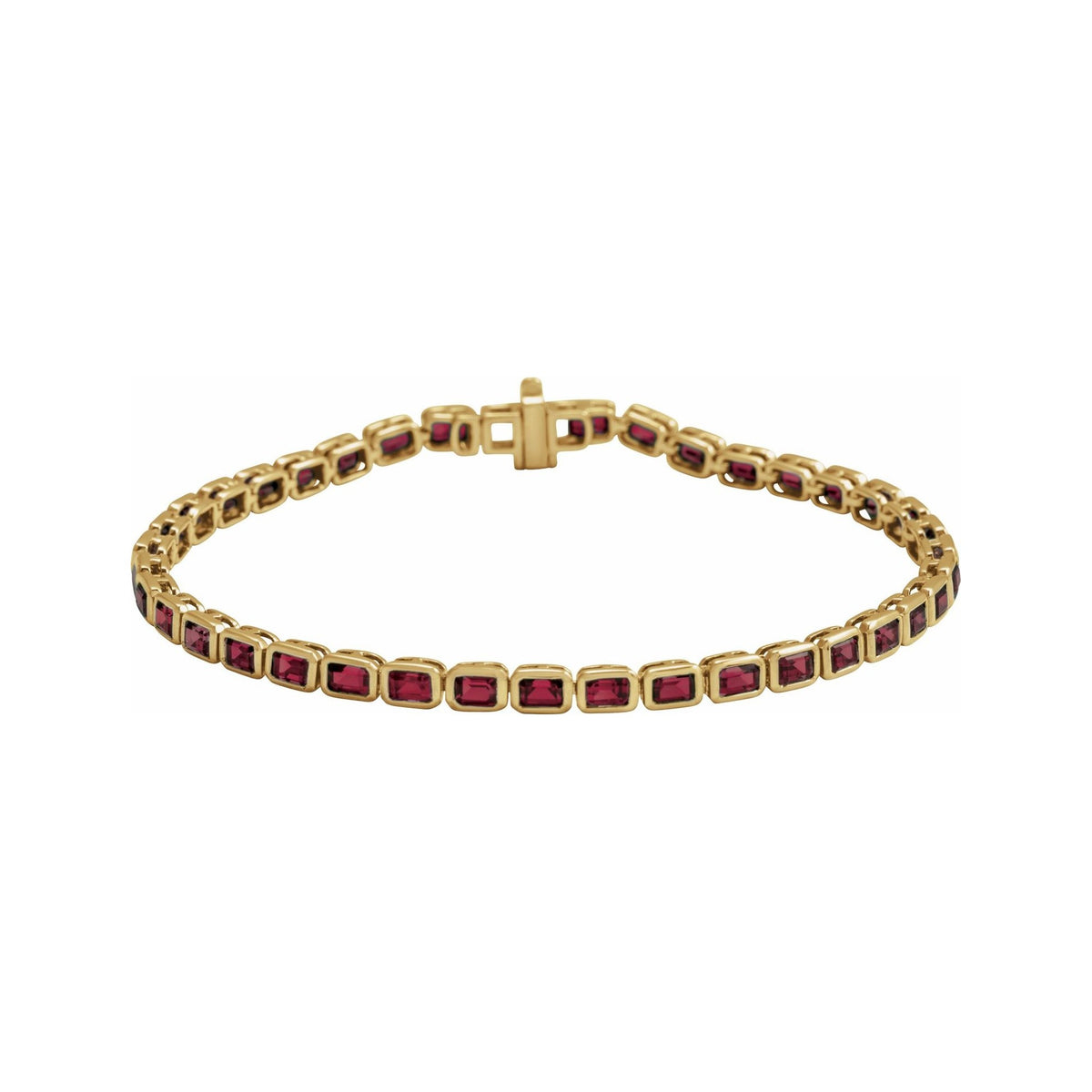 Sapphire Row Natural Gemstone Emerald-Cut Bezel Tennis Bracelet - Mozambique Garnet, 14K Yellow Gold