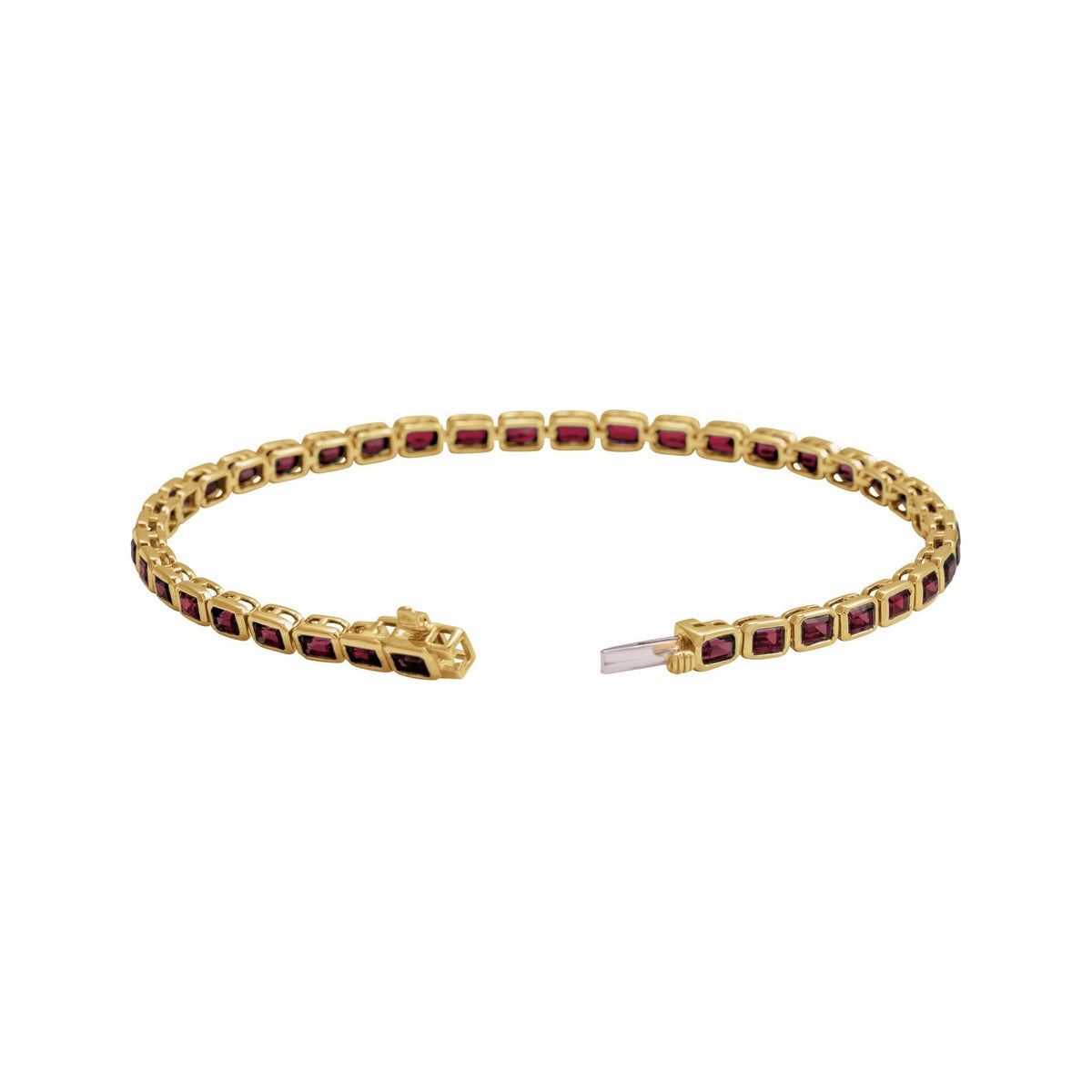 Sapphire Row Natural Gemstone Emerald-Cut Bezel Tennis Bracelet - Mozambique Garnet, 14K Yellow Gold (view 2)