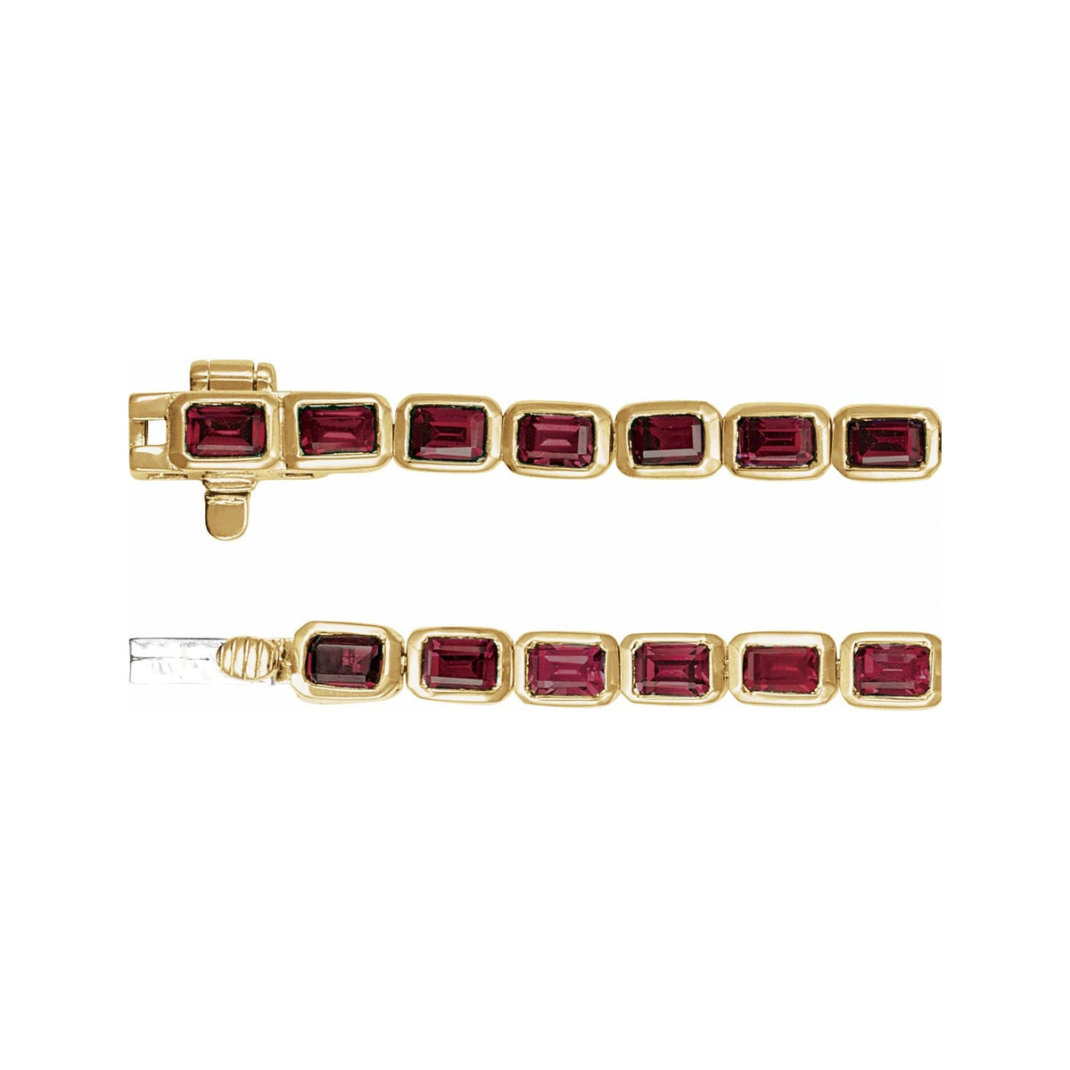 Sapphire Row Natural Gemstone Emerald-Cut Bezel Tennis Bracelet - Mozambique Garnet, 14K Yellow Gold (view 3)