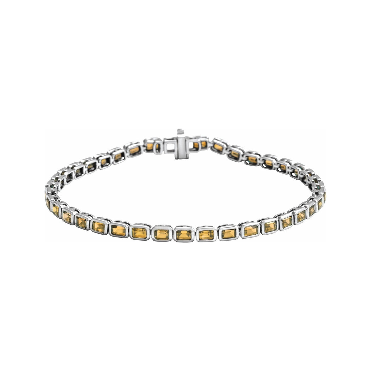Sapphire Row Natural Gemstone Emerald-Cut Bezel Tennis Bracelet - Citrine, 14K White Gold