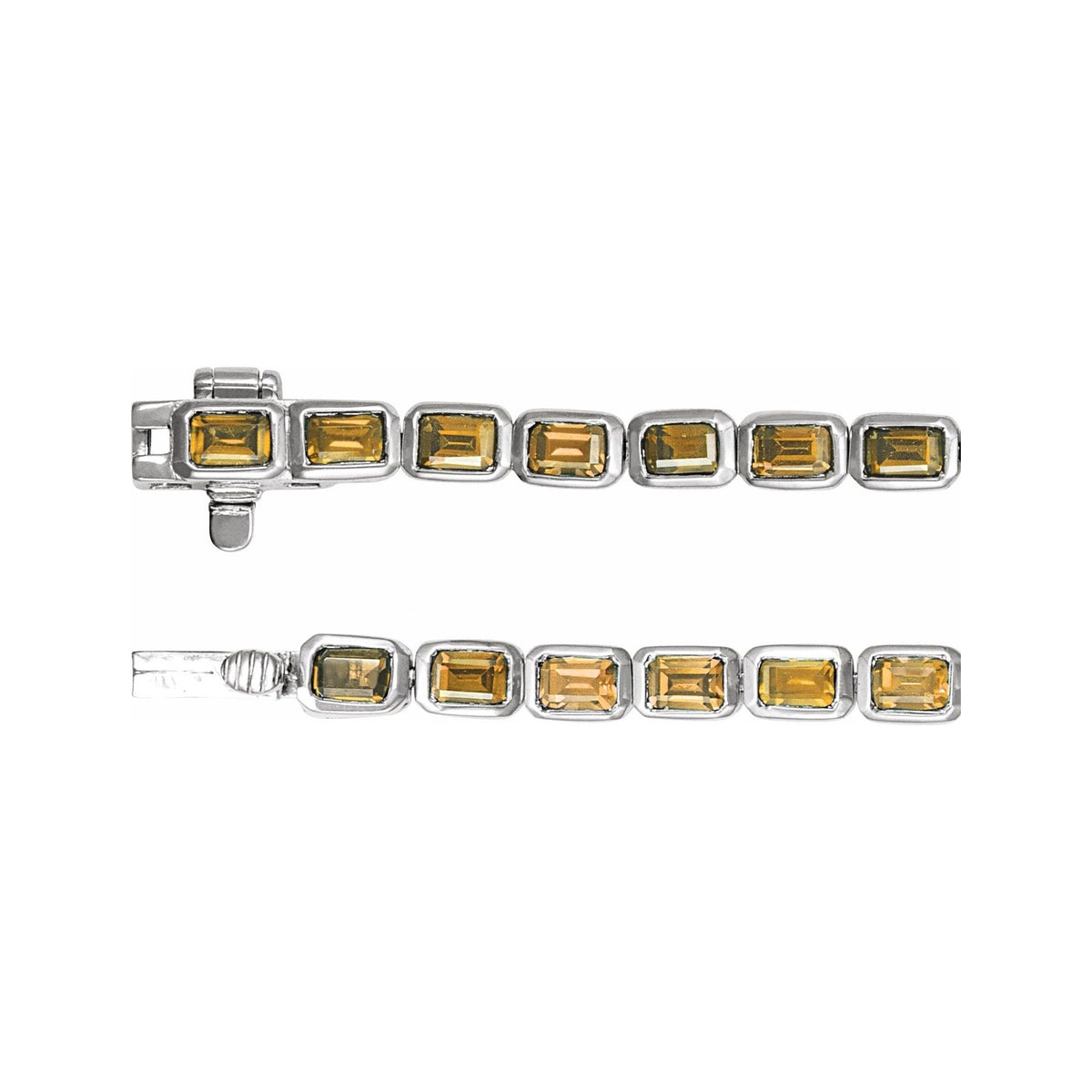 Sapphire Row Natural Gemstone Emerald-Cut Bezel Tennis Bracelet - Citrine, 14K White Gold (view 3)