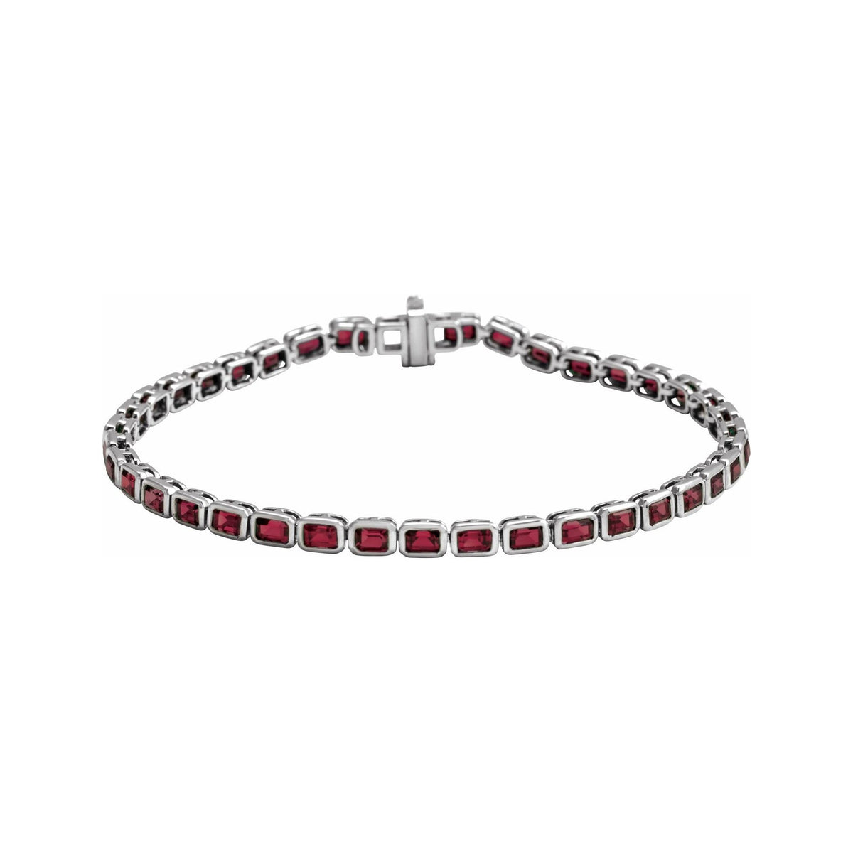 Sapphire Row Natural Gemstone Emerald-Cut Bezel Tennis Bracelet - Mozambique Garnet, 14K White Gold