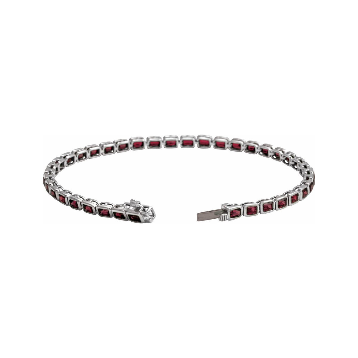 Sapphire Row Natural Gemstone Emerald-Cut Bezel Tennis Bracelet - Mozambique Garnet, 14K White Gold (view 2)