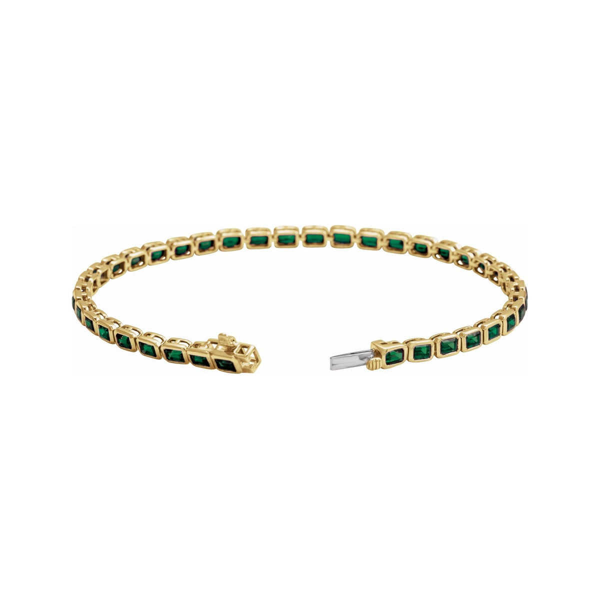 Sapphire Row Natural Gemstone Emerald-Cut Bezel Tennis Bracelet - Tsavorite Garnet, 14K Yellow Gold (view 2)