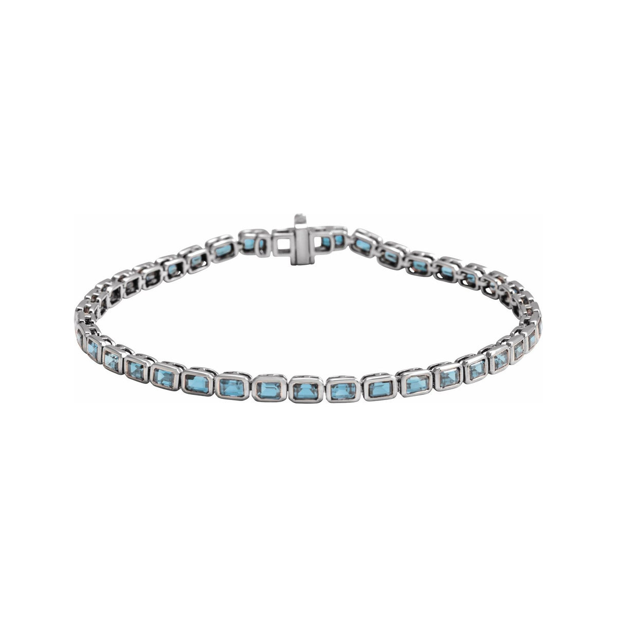 Sapphire Row Natural Gemstone Emerald-Cut Bezel Tennis Bracelet - Sky Blue Topaz, 14K White Gold