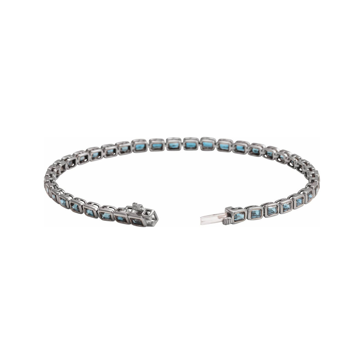 Sapphire Row Natural Gemstone Emerald-Cut Bezel Tennis Bracelet - Sky Blue Topaz, 14K White Gold (view 2)
