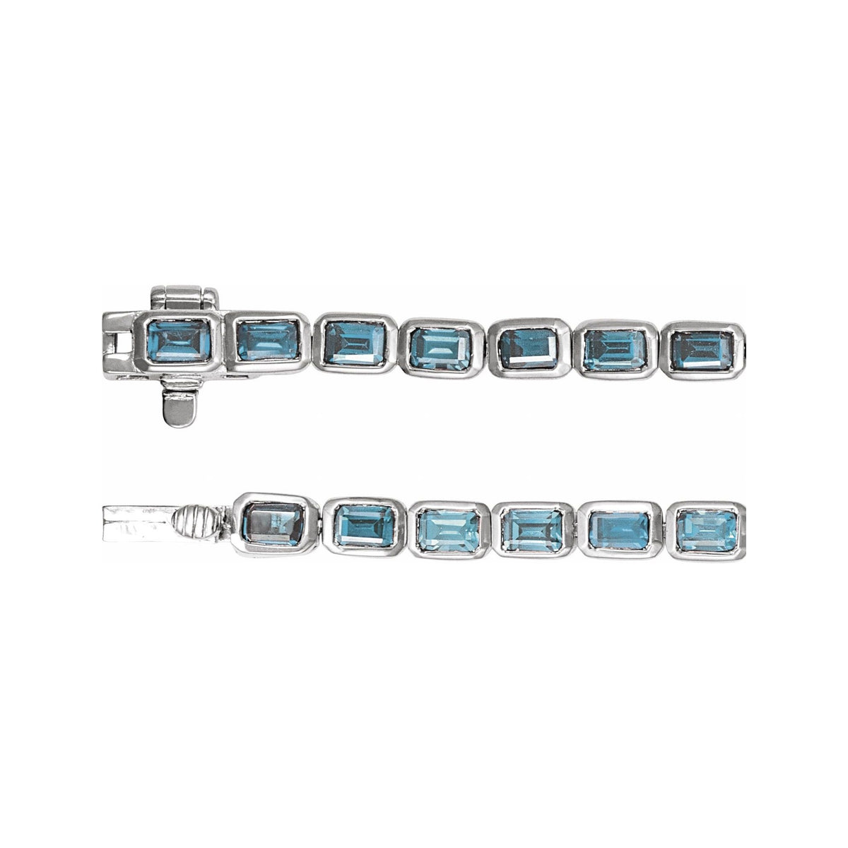 Sapphire Row Natural Gemstone Emerald-Cut Bezel Tennis Bracelet - Sky Blue Topaz, 14K White Gold (view 3)