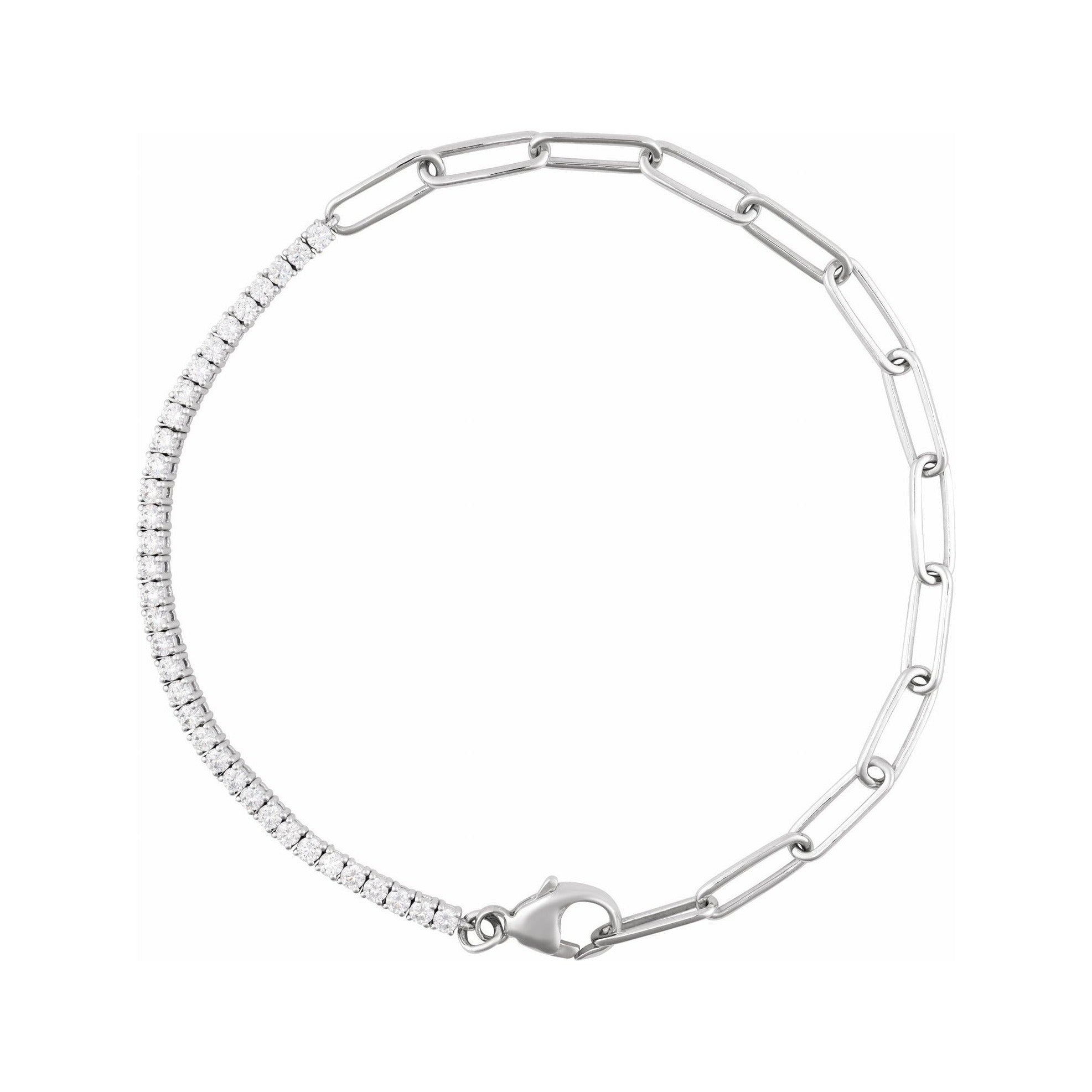 Sapphire Row Natural Diamond Half Tennis Paperclip Bracelet - 14K White Gold