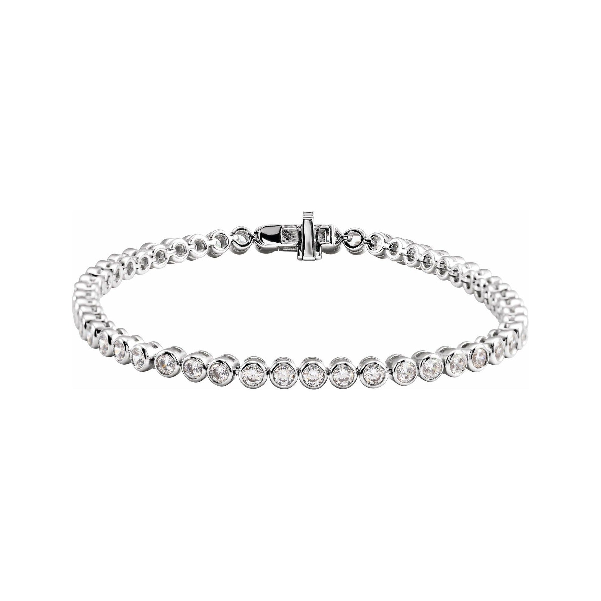Sapphire Row Lab-Grown Diamond Round Bezel Tennis Bracelet - 14K White Gold