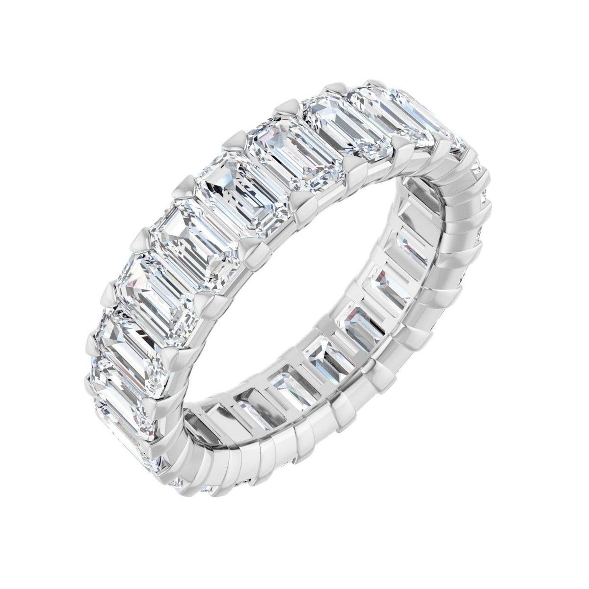 Sapphire Row Natural Diamond Low-Profile Eternity Band - 14K White Gold, Emerald 5 × 3 mm, 7.5