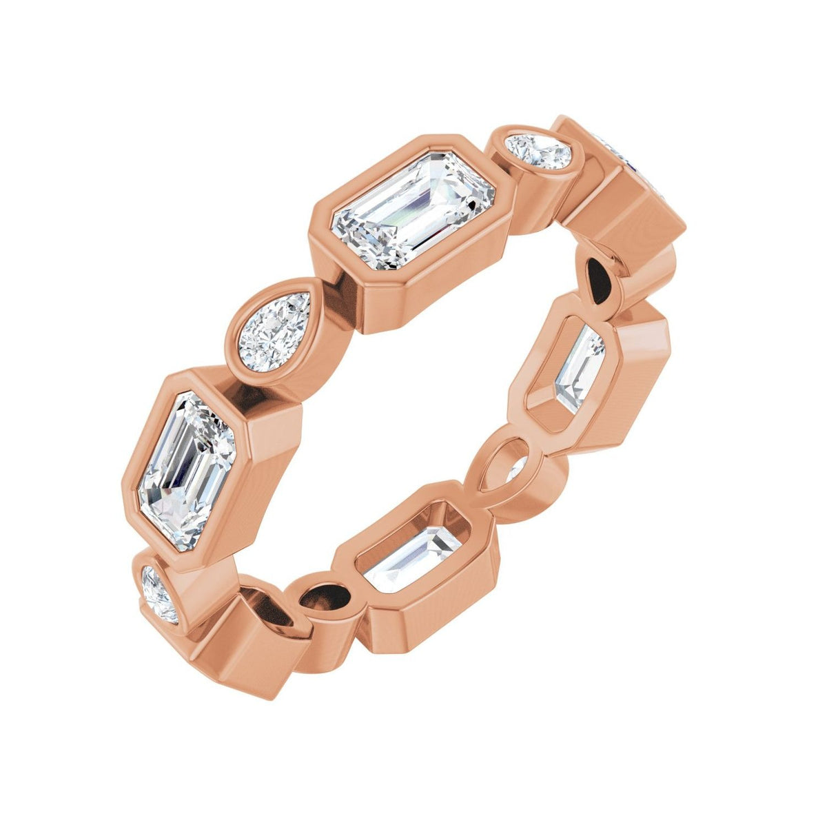 Sapphire Row Natural Diamond Oval & Emerald-Cut Bezel Band - 14K Rose Gold, Emerald 5 × 3 mm · 2 3/8 ctw