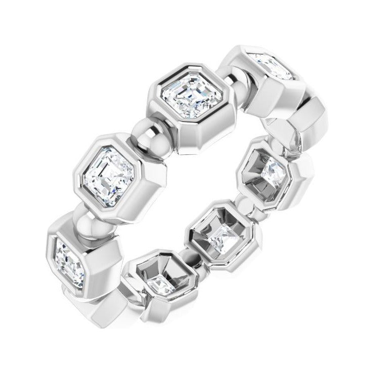 Sapphire Row Natural Diamond Asscher Beaded Band - 14K White Gold, 3 × 3 mm, 5