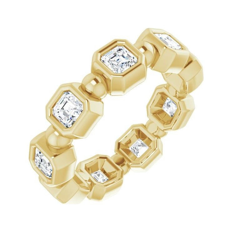 Sapphire Row Natural Diamond Asscher Beaded Band - 14K Yellow Gold, 3 × 3 mm, 5