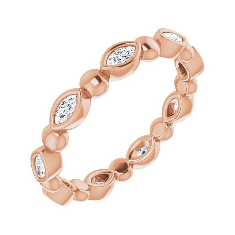 Sapphire Row Natural Diamond Marquise Beaded Band - 14K Rose Gold, 3 × 1.5 mm, 7