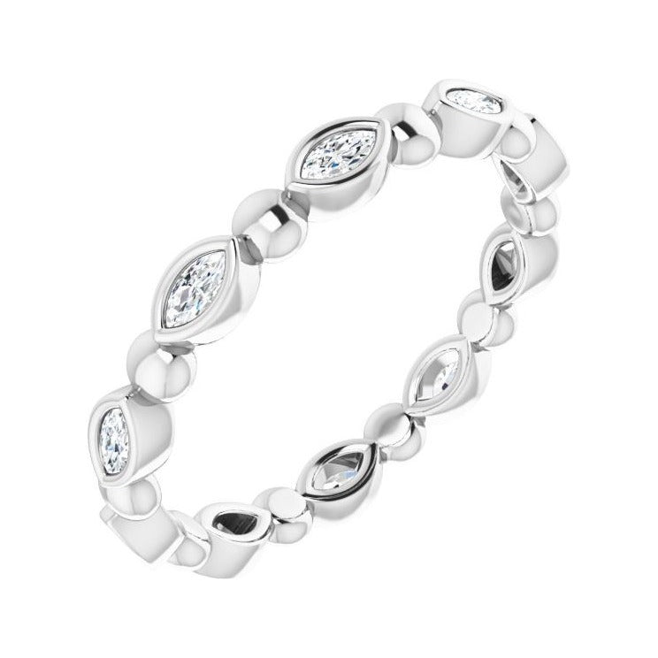 Sapphire Row Natural Diamond Marquise Beaded Band - 14K White Gold, 3 × 1.5 mm, 6