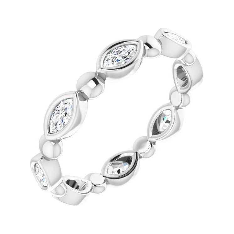 Sapphire Row Natural Diamond Marquise Beaded Band - 14K White Gold, 4 × 2 mm, 6