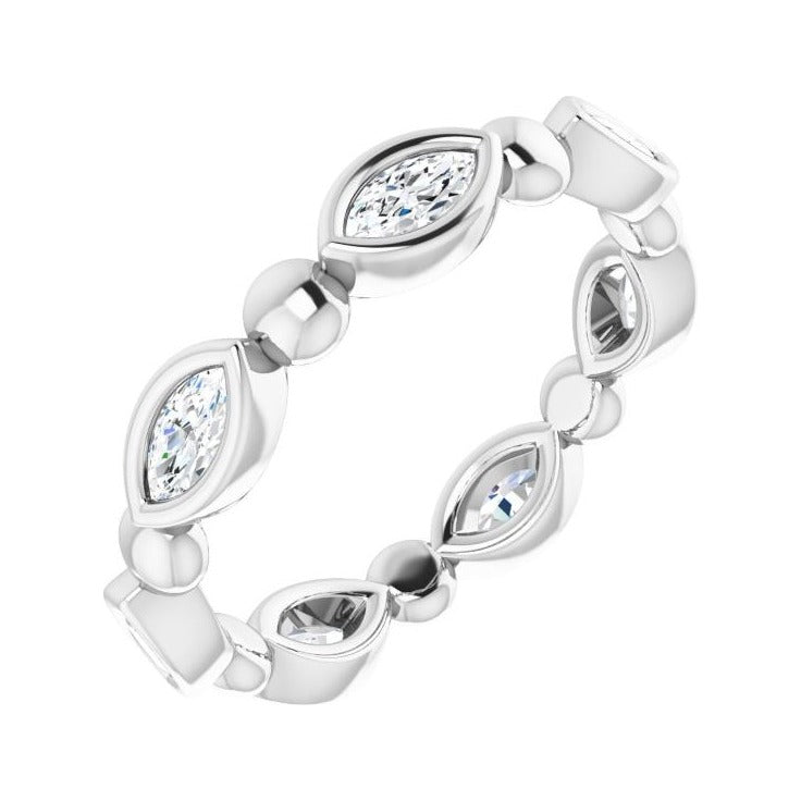 Sapphire Row Natural Diamond Marquise Beaded Band - 14K White Gold, 4 × 2 mm, 7