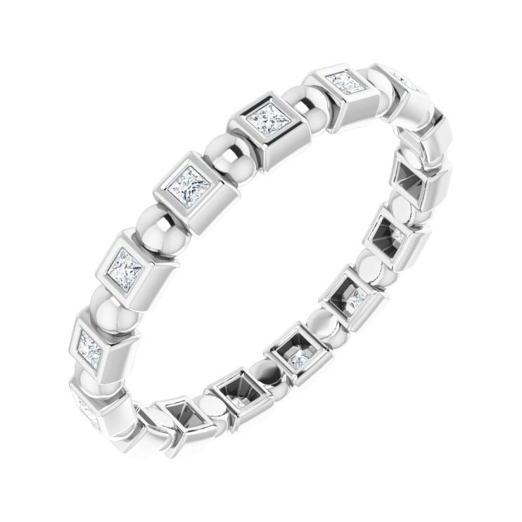 Sapphire Row Natural Diamond Princess-Cut Beaded Band - 14K White Gold, 1.3 × 1.3 mm, 6