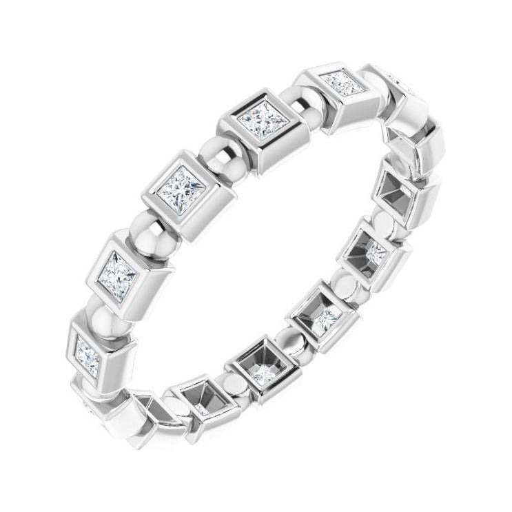 Sapphire Row Natural Diamond Princess-Cut Beaded Band - 14K White Gold, 1.5 × 1.5 mm, 6