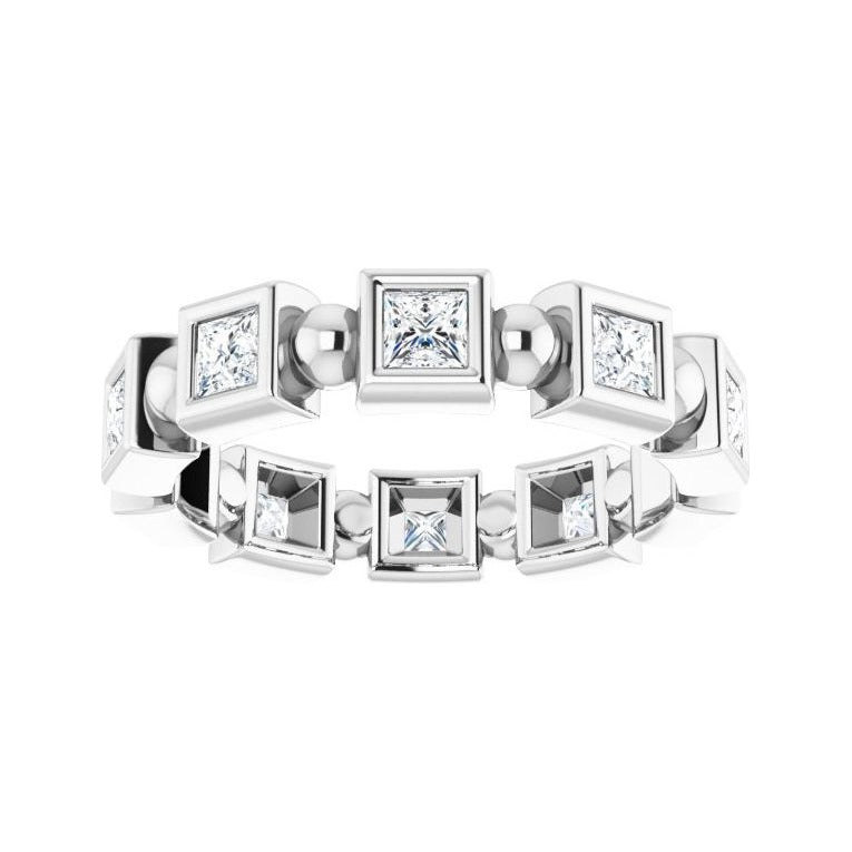 Sapphire Row Natural Diamond Princess-Cut Beaded Band - 14K White Gold, 2.5 × 2.5 mm, 6 (view 3)