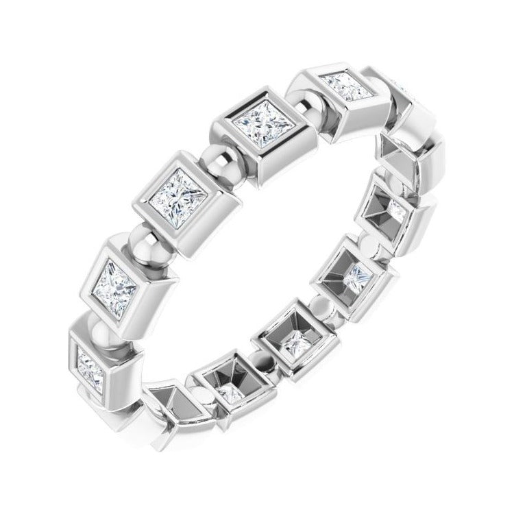 Sapphire Row Natural Diamond Princess-Cut Beaded Band - 14K White Gold, 2 × 2 mm, 5